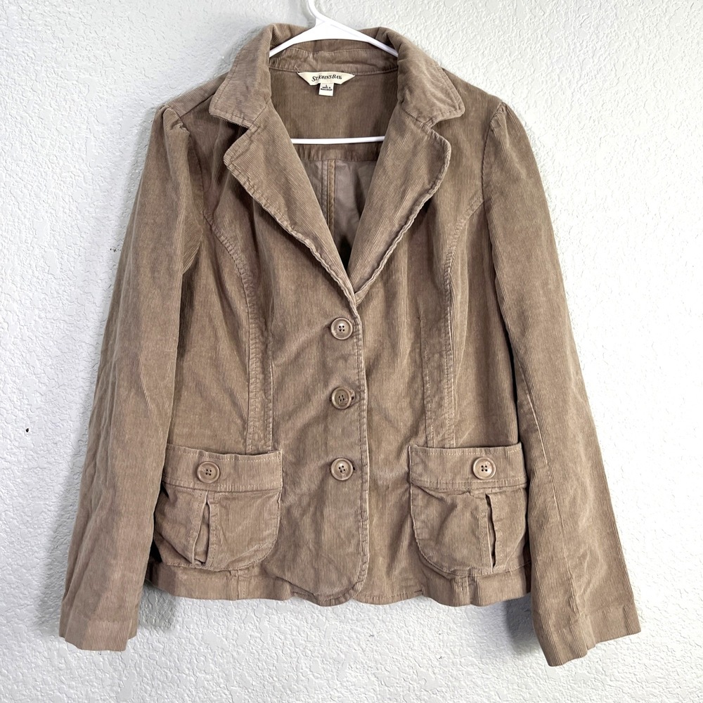 St Johns Bay Womens‎ Sz L Corduroy Blazer Jacket Brown Classic Tailored Career